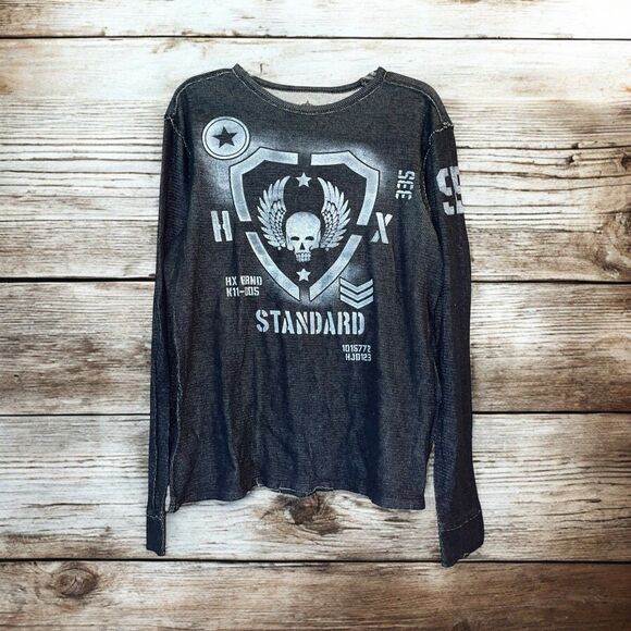 Helix L Vintage Y2K Black Thermal Long Sleeve Third Infantry Skull Affliction - Picture 1 of 5